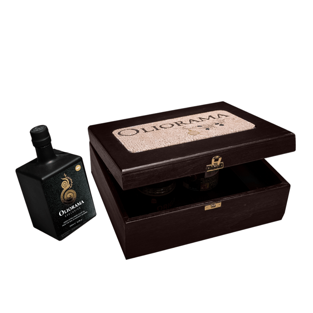 Oliorama Mosaic Box olio bio 500 ml e miele in legno